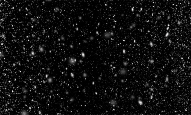 Снегопад на черном фоне, абстрактный фон, расфокусированные огни.