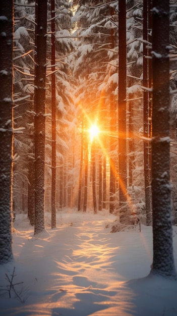 冬の針葉の森で雪が降る 夕方の太陽の光が木々を突破する