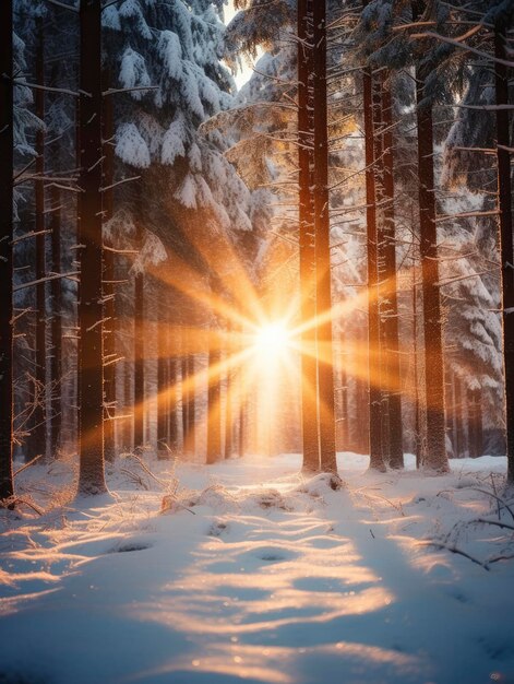 Foto neve nella foresta invernale di conifere vicino ai raggi del sole mattutino che attraversano gli alberi