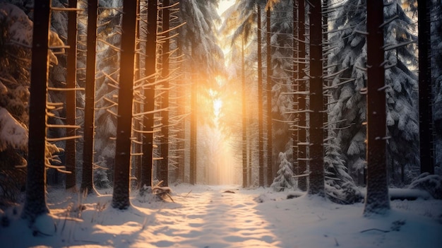 Snowfall in coniferous winter forest morning sun rays breaking through trees