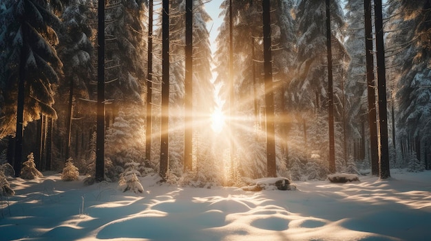 Snowfall in coniferous winter forest morning sun rays breaking through trees