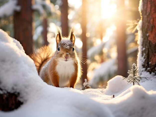 Photo snowfall in coniferous winter frosty forest close up bright day sun rays breaking through trees