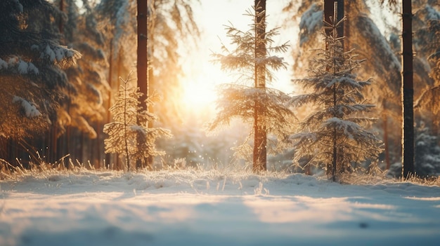 Snowfall in coniferous winter frosty forest close up bright day sun rays breaking through trees