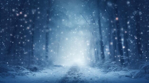 雪で覆われた道に沿って静かな冬の森で高い影の木が降る雪