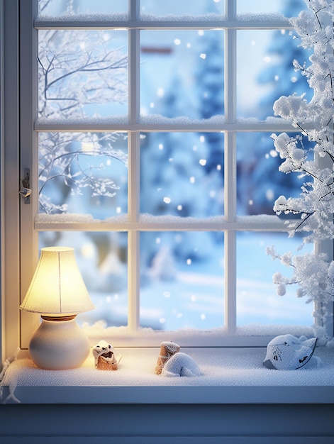 Snowfall in the winter forest on the background of the window