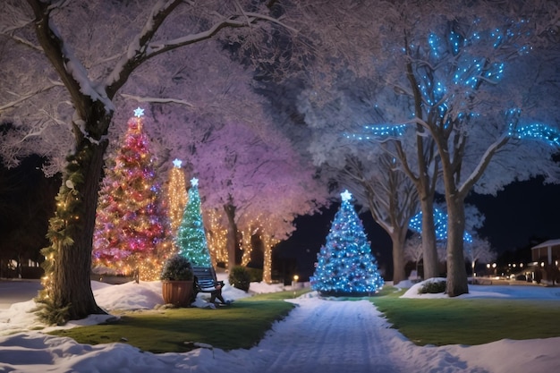 クリスマスの夜に冬の公園で雪が降る