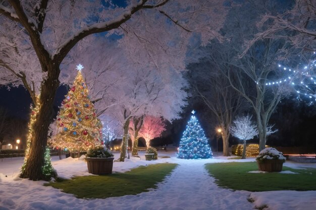 クリスマスの夜に冬の公園で雪が降る