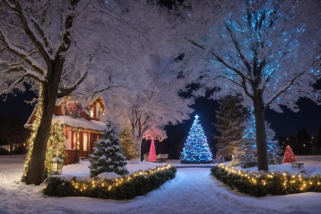 クリスマスの夜に冬の公園で雪が降る