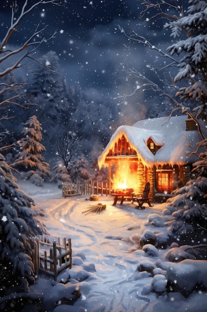 Snowfall with freezing temperatures and crackling fire