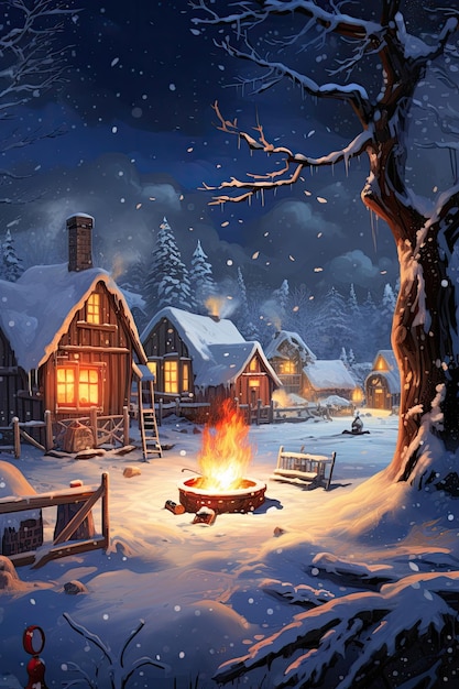 Snowfall with freezing temperatures and crackling fire