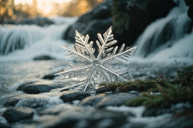 Snowflake on the background of a waterfall in the mountains winter concept