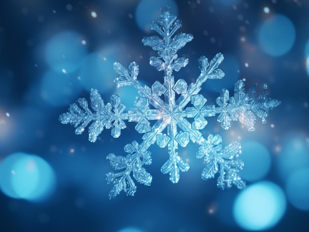 snowflake on a blue background with bokeh lights generative ai