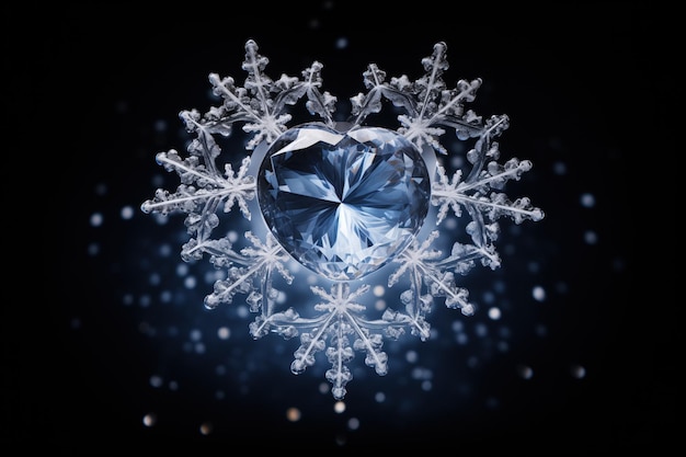Foto un fiocco di neve con un cristallo a forma di cuore