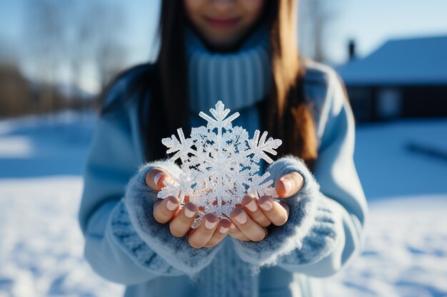 Snowflake Grasped Against Blue Sky Hands On Display