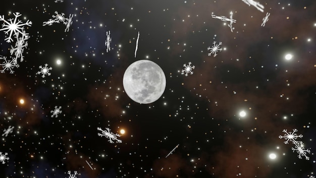 Snowflake is falling from sky with nebula star field and full moon in background 3D Rendering