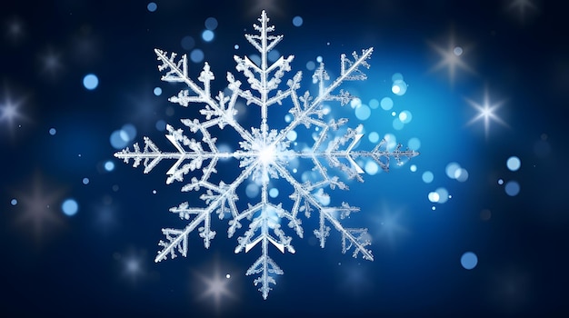 A snowflake made of silver glitter on a solid blue background