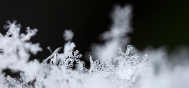 自然な雪の吹きだまりの雪の結晶は、クリスマスと冬の背景をクローズアップ