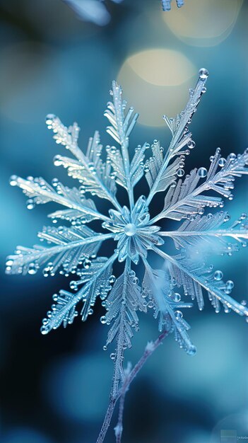 a snowflake that is blue and has ice on it