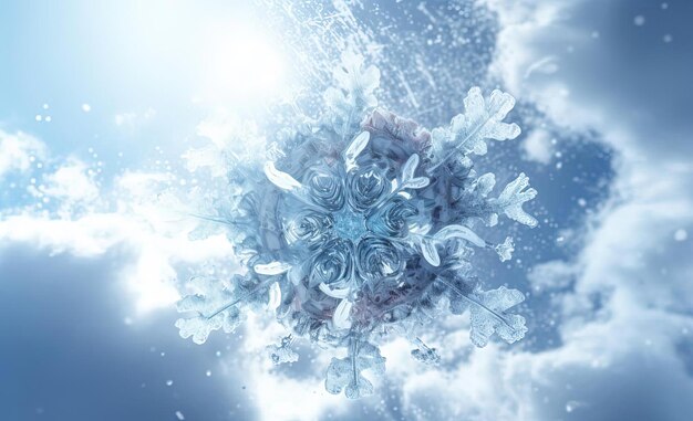 Photo a snowflake with icy clouds and snowflakes falling in the style of crystalcore