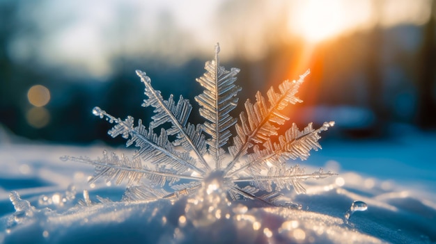 太陽を背にした雪の結晶