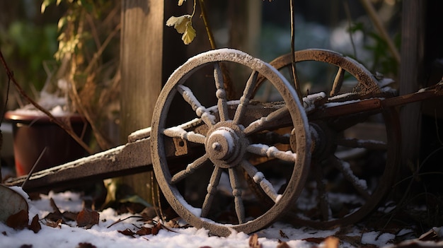 Snowflakes adorning the forgotten wheel of a garden cart