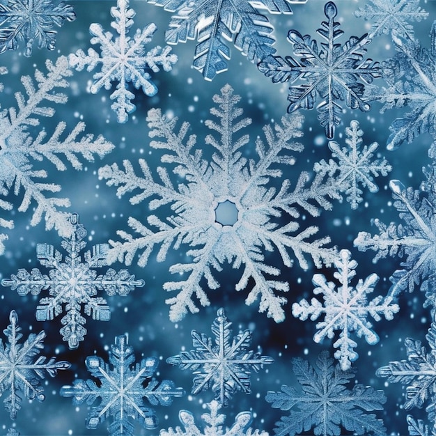 snowflakes are falling down on a blue background with snow flakes generative ai