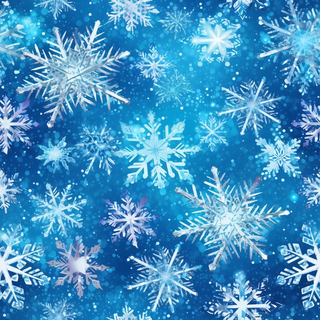 Snowflakes are scattered on a blue background with a blue sky generative ai