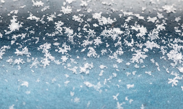 Snowflakes on a blue background closeup snow texture natural Christmas bacground