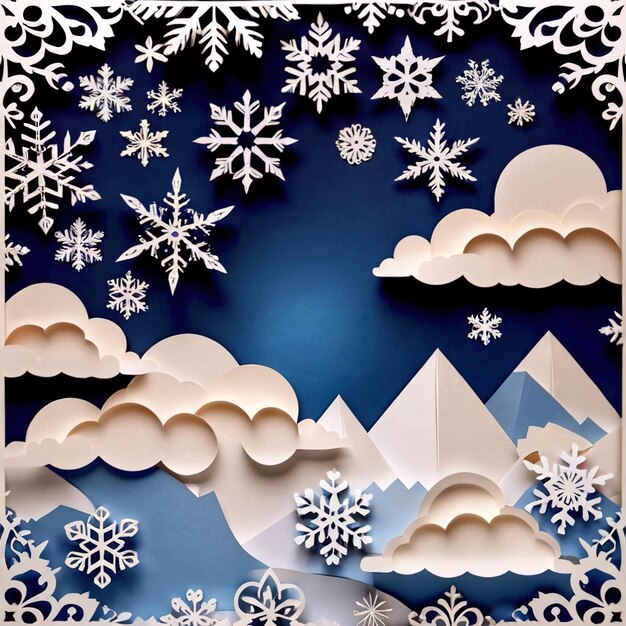 Snowflakes and clouds winter weather traditional design made of paper traditional papercut paper