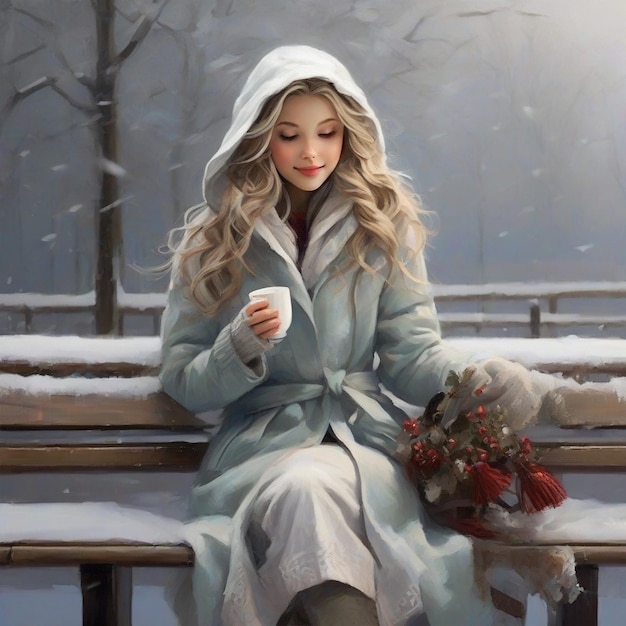 Снежинки танцевали вокруг нее девушка, обернутая в уютное пальто и капюшон с чашечкой для чая, созданной ИИ