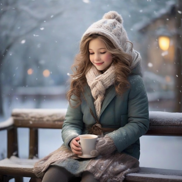 雪花が彼女の周りに踊り快適なコートとフードに包まれた女の子とお茶のカップがAIで生成されました
