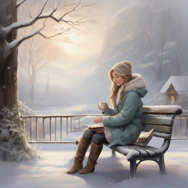 Photo snowflakes danced around her a girl wrapped in a cozy coat and hoodie with tea mug ai generated