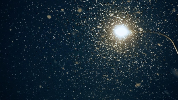 Snowflakes fall from the sky on the background of a residential building with burning lights in the windows at night