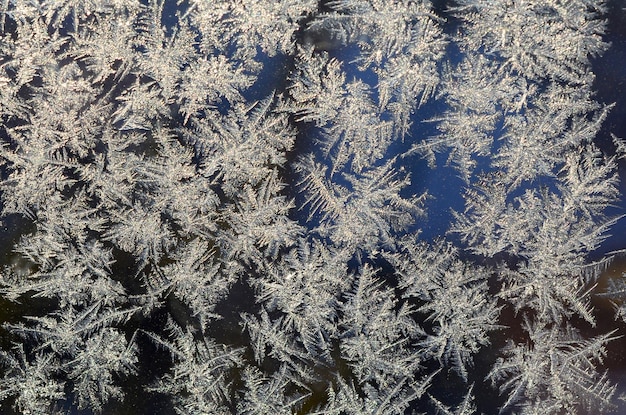 Snowflakes frost rime macro on window glass pane colorful ice on the window surface natural