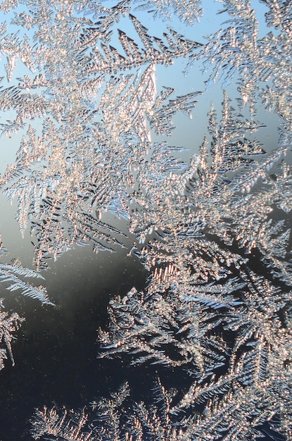 창문 유리판에 눈알 얼음 림 매크로 창문 표면에 다채로운 얼음 자연