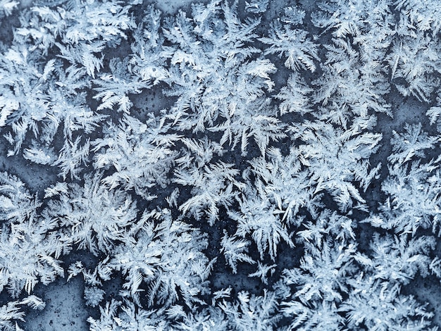 Snowflakes and frost on window pane close up