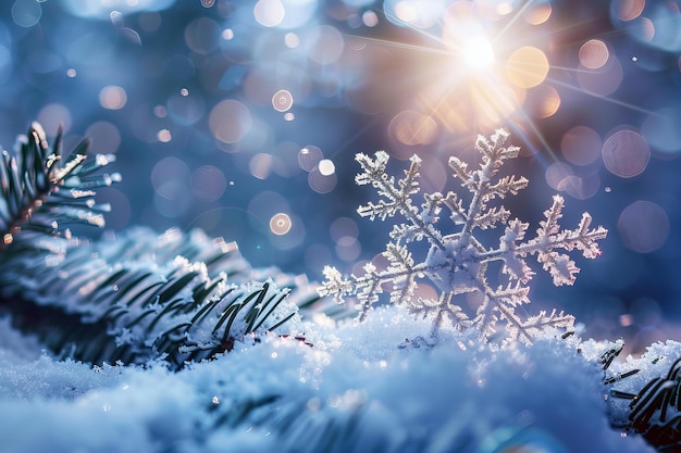 松 の 枝 に 照らさ れ て いる 雪花