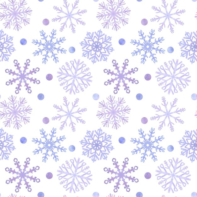 Snowflakes seamless pattern blue lilac frost crystals Symbol of winter cold weather New Year and Christmas holiday card Hand drawn watercolor illustration isolated on white background