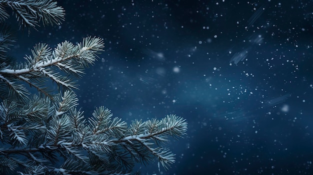 Snowflakes settling on pine branches under soft winter moonlight