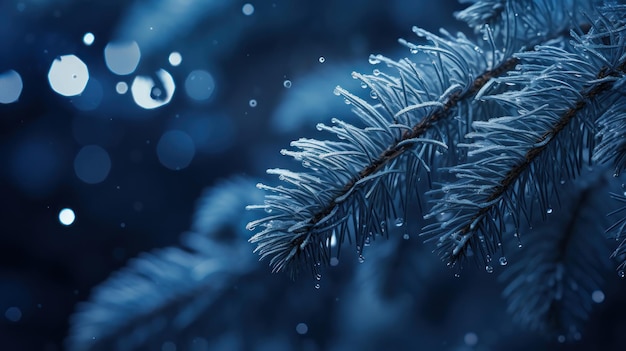 Snowflakes settling on pine branches under soft winter moonlight