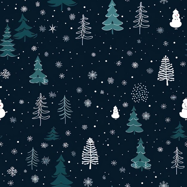 snowflakes and trees in a dark blue background