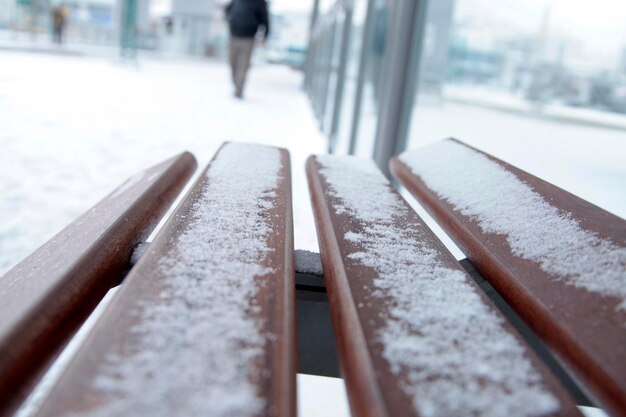 木製のベンチに雪片