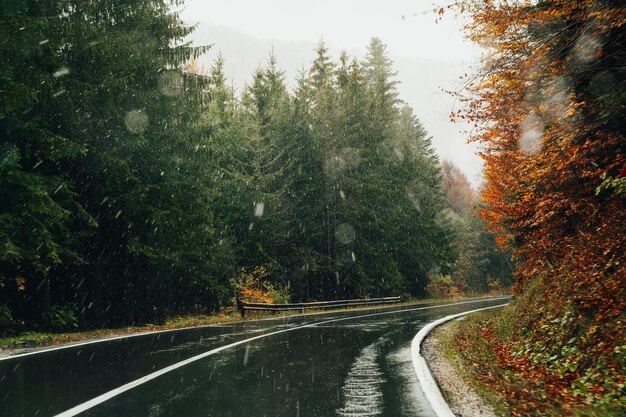 Photo snowing on empry road in autumn