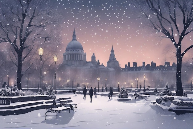 Snowing on Jubilee Gardens in London at dusk stock photo Christmas England Winter Snow
