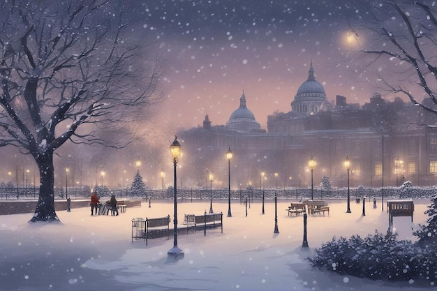 Snowing on Jubilee Gardens in London at dusk stock photo Christmas London