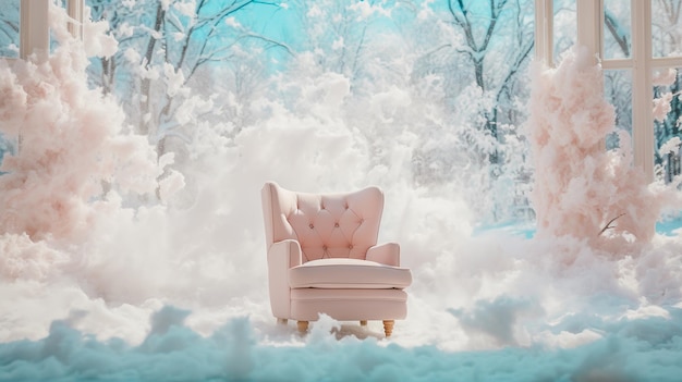 Snowing on a upholstered white chair inside of beautiful winter house Minimalism style