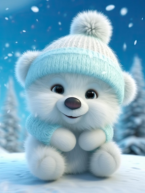 Snowing winter super cute baby pixar style white fairy bear AI Generated