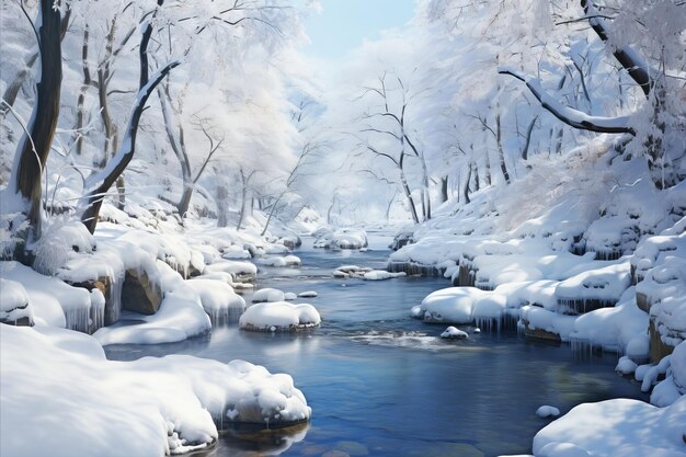 雪に包まれた冬の風景 雪に覆われた山々と静かな森のやかな美しさ