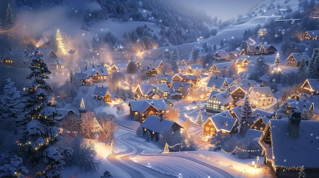 Snowladen homes emit a welcoming radiance against the twilight sky as festive decorations highlight the joyous spirit of the holiday season