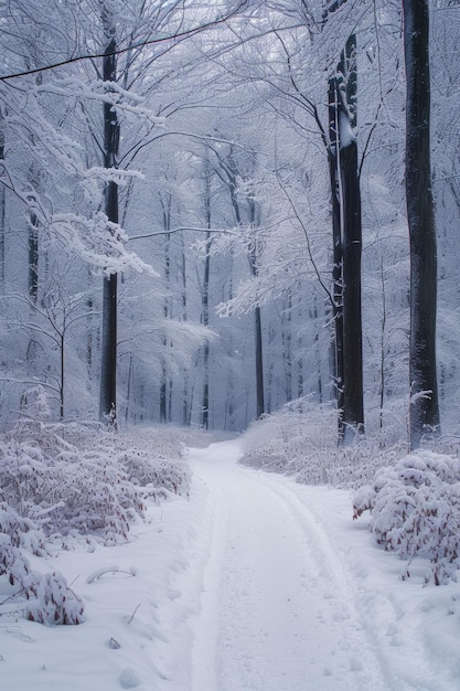 Snowladen trees form a captivating arch over a secluded forest path in a tranquil winter setting